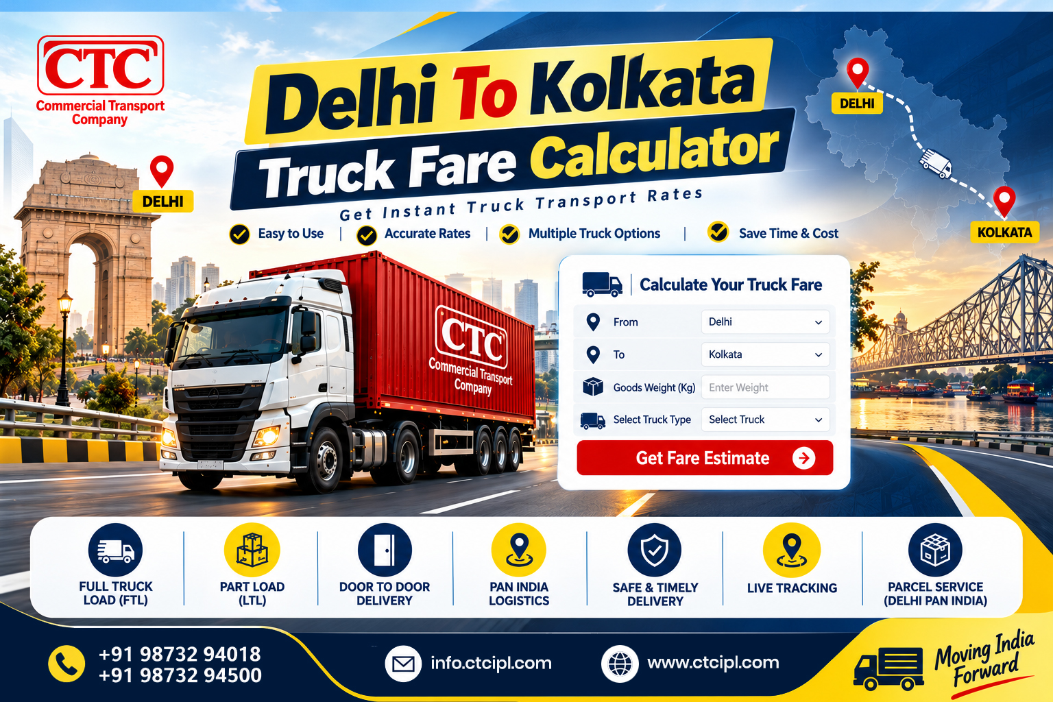 Delhi To Kolkata Truck Fare Calculator | Commercial Transport Company (CTC)