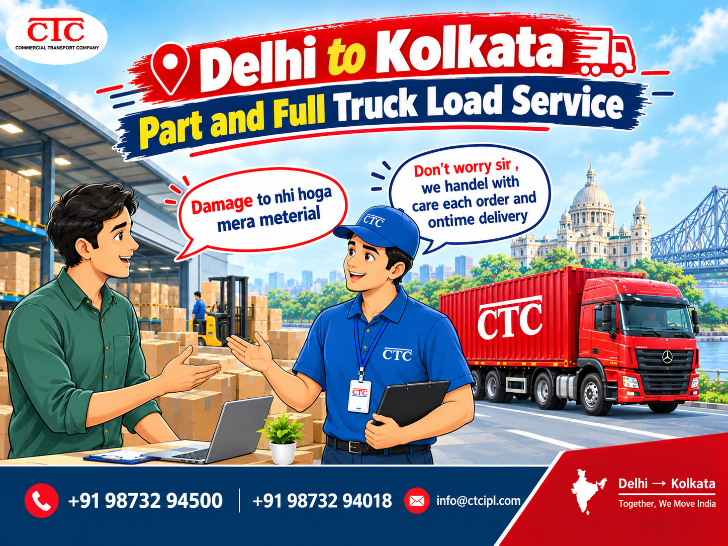 DELHI TO KOLKATA PART AND  FULL TRUCK LOAD  SERVICE 